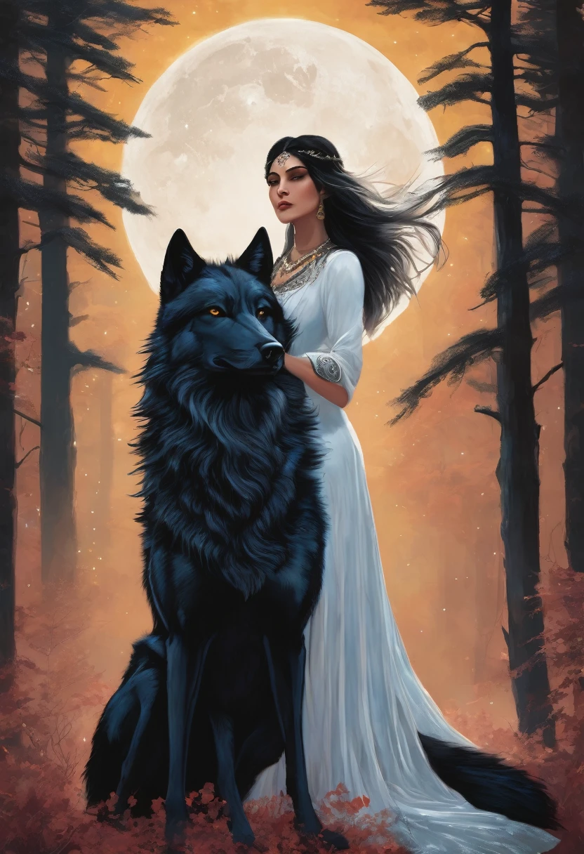 A brunette moon goddess with silver hair and a large black wolf in her embrace