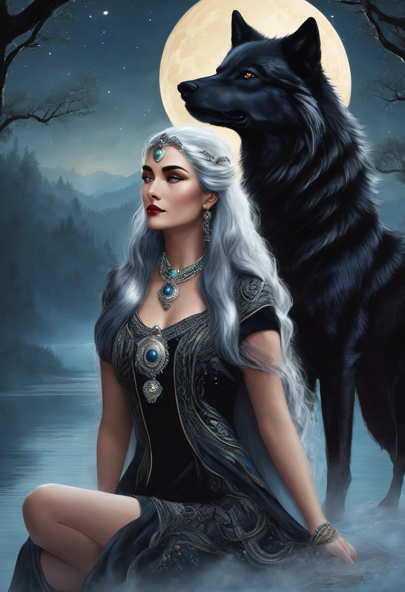 A brunette moon goddess with silver hair and a large black wolf in her embrace