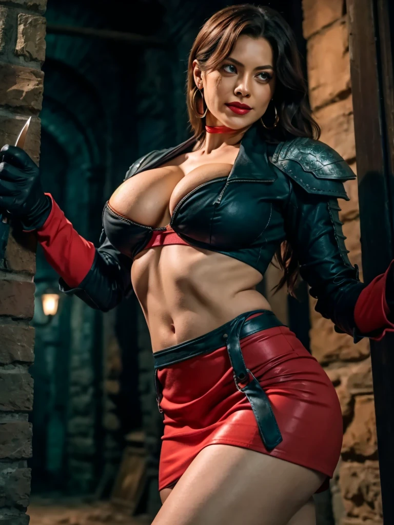 masterpiece,best quality, extremely detailed,8k. Blaze Fielding, solo, looking serious, big breasts, strong, hoops earrings, looking at viewer, smile, long lustrous hair, brown hair, light make up, gloves, navel, cleavage, brown eyes, large breasts, wearing tight red top, underboob, broken jacket armor, tight short red skirt black fingerless gloves,holding short knife,  at a fantasy dungeon alone.