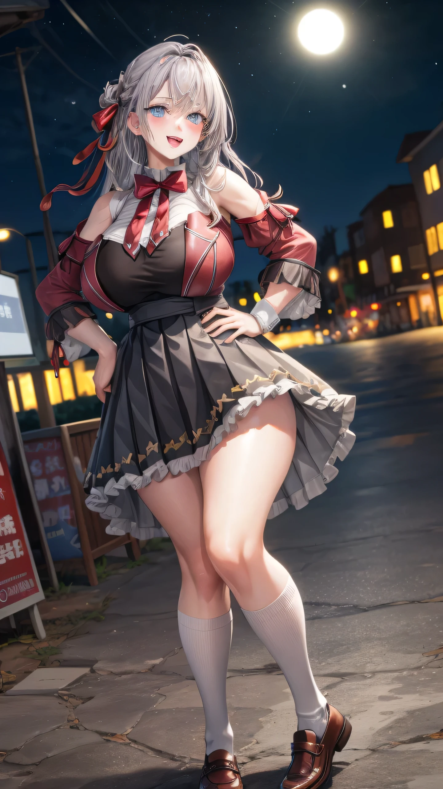 Alisa Kujou,
(night:1.7), 1 girl standing at attention, 22 years,young female,beautiful Finger, beautiful long legs ,beautiful body ,beautiful Nose ,beautiful character design, Perfect eyes, perfect face,
There is an anime girl., 1 girl, thighs, Alone, (very short skirt:1.4), blue eyes, old, black dress ,elegant , long socks (short dress) , neckline, bow, hand on hip, blush, black thighs, bowtie, inside, brown shoes, The Great Passage, moccasins, shoes, large old, looking at the viewer ,take half distance, close up shot of open mouth, thighs,
looking at the viewer, smile, greeting the viewer, In the center of the image, Extremely detailed CG unity 8k wallpaper, perfect lighting,showy, bright_Forehead_face_Lightinasterpiece:1.0),(better_quality:1.0), ultra high resolution,4k,ultra detailed,
Photography, 8k, HdR, high resolution, absurdities:1.2, codas portrait, film grain, blurred background, bokeh:1.2, Lens flare, (Vibrant_Color:1.2)
, (beautiful_face:1.5),(narrow_waist), (beautiful,huge_old:1.3)