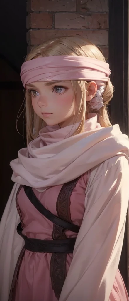 a beautiful girl in a pink dress, standing alone with a cowl headband, profile view looking at the viewer, extremely detailed eyes and face, masterpiece, best quality, high resolution, photorealistic, ultra-detailed, intricate details, delicate features, soft lighting, warm color tones, elegant, feminine, graceful, serene expression