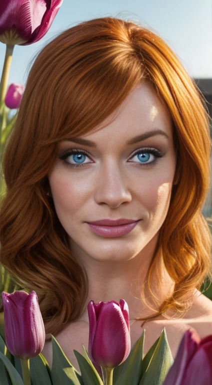 Masterpiece, Best Quality, Super Detailed, High Definition, Expensive Resolution, HDR, Super Detailed CG, Beautiful Details, Depth, Fine Texture, Super Fine, Complete concentration, (Christina Hendricks), sexy, pale skin, blue eyes, smirk, (in a tulip field), surrounded by tulips, vibrant colors, detailed eyes, highly detailed, fine detail, intricate details, volumetric lighting, 