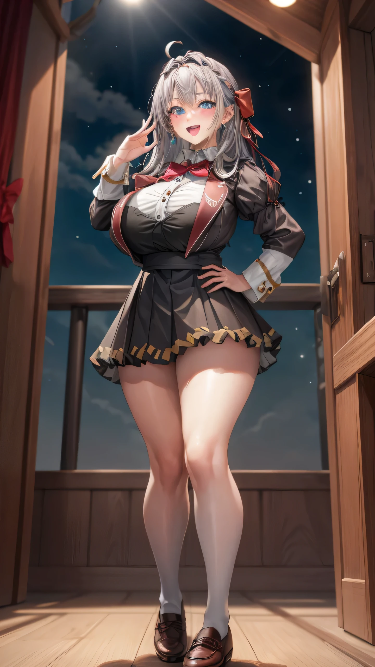 Alisa Kujou,
(night:1.7), 1 girl standing at attention, 22 years,young female,beautiful Finger, beautiful long legs ,beautiful body ,beautiful Nose ,beautiful character design, Perfect eyes, perfect face,
There is an anime girl., 1 girl, thighs, Alone, (very short skirt:1.4), blue eyes, old, black dress ,elegant , long socks (short dress) , neckline, bow, hand on hip, blush, black thighs, bowtie, inside, brown shoes, The Great Passage, moccasins, shoes, large old, looking at the viewer ,take half distance, close up shot of open mouth, thighs,
looking at the viewer, smile, greeting the viewer, In the center of the image, Extremely detailed CG unity 8k wallpaper, perfect lighting,showy, bright_Forehead_face_Lightinasterpiece:1.0),(better_quality:1.0), ultra high resolution,4k,ultra detailed,
Photography, 8k, HdR, high resolution, absurdities:1.2, codas portrait, film grain, blurred background, bokeh:1.2, Lens flare, (Vibrant_Color:1.2)
, (beautiful_face:1.5),(narrow_waist), (beautiful,huge_old:1.3)