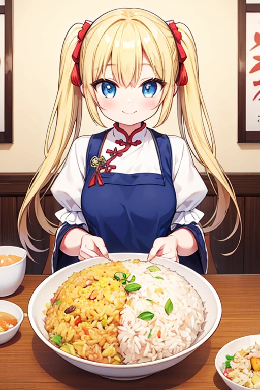 A happy smile,Large serving of fried rice,fried rice,Chinese restaurant,Highest quality,Blonde with blue eyes、Lolita、Small breasts、Twin tails、girl&#39;enjoy,smile,bonnet,chopsticks,Japanese hashi,
