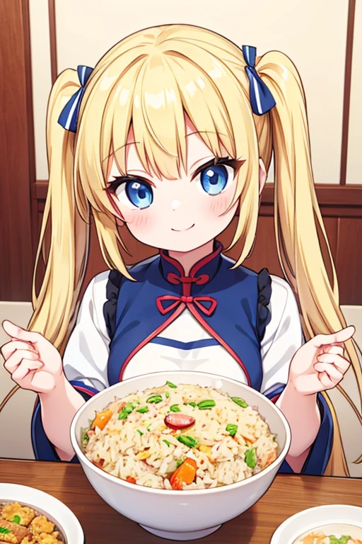 A happy smile,Large serving of fried rice,fried rice,Chinese restaurant,Highest quality,Blonde with blue eyes、Lolita、Small breasts、Twin tails、girl&#39;enjoy,smile,bonnet,chopsticks,Japanese hashi,