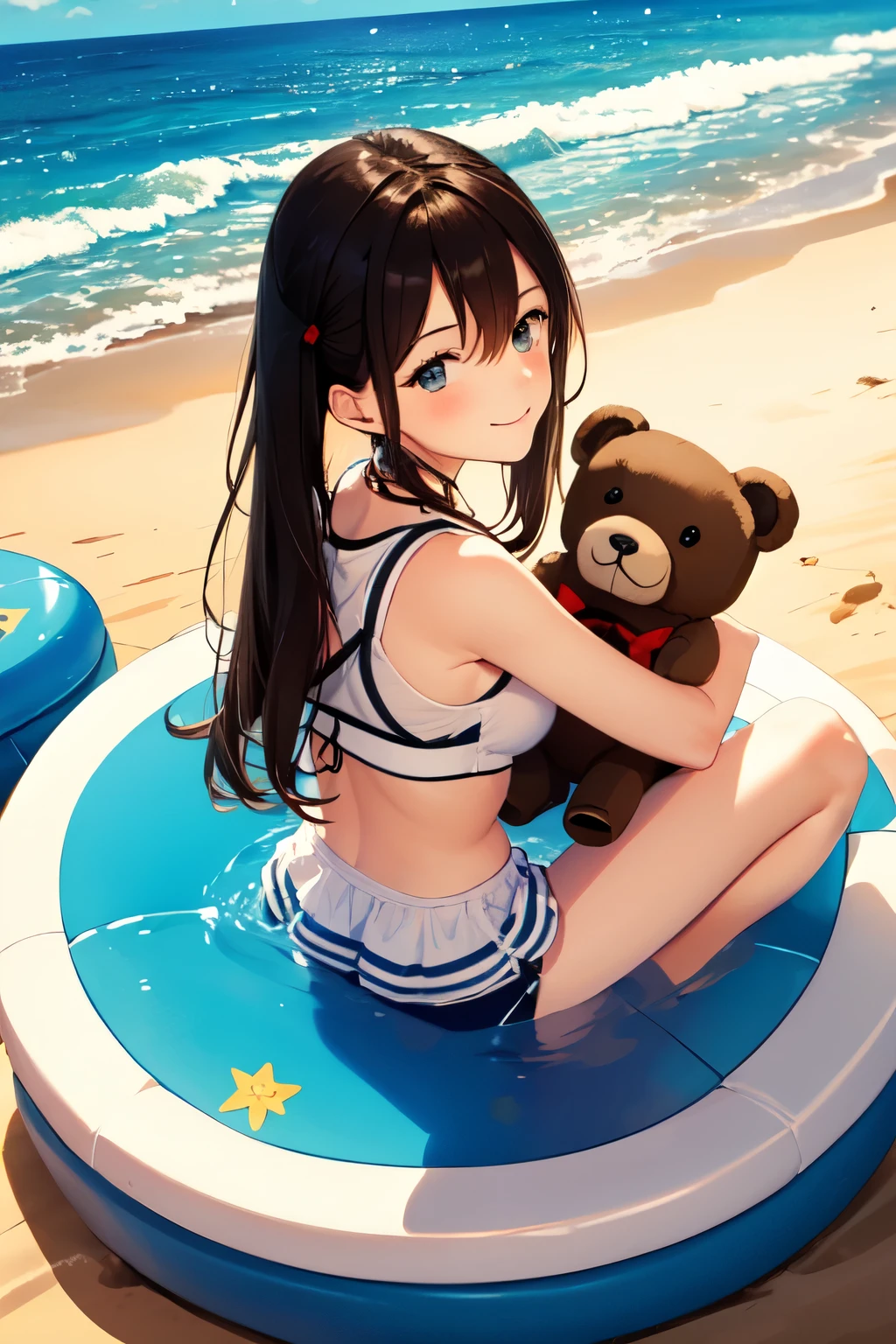 Cute teddy bear and girl enjoying summer vacation at the lovely sea