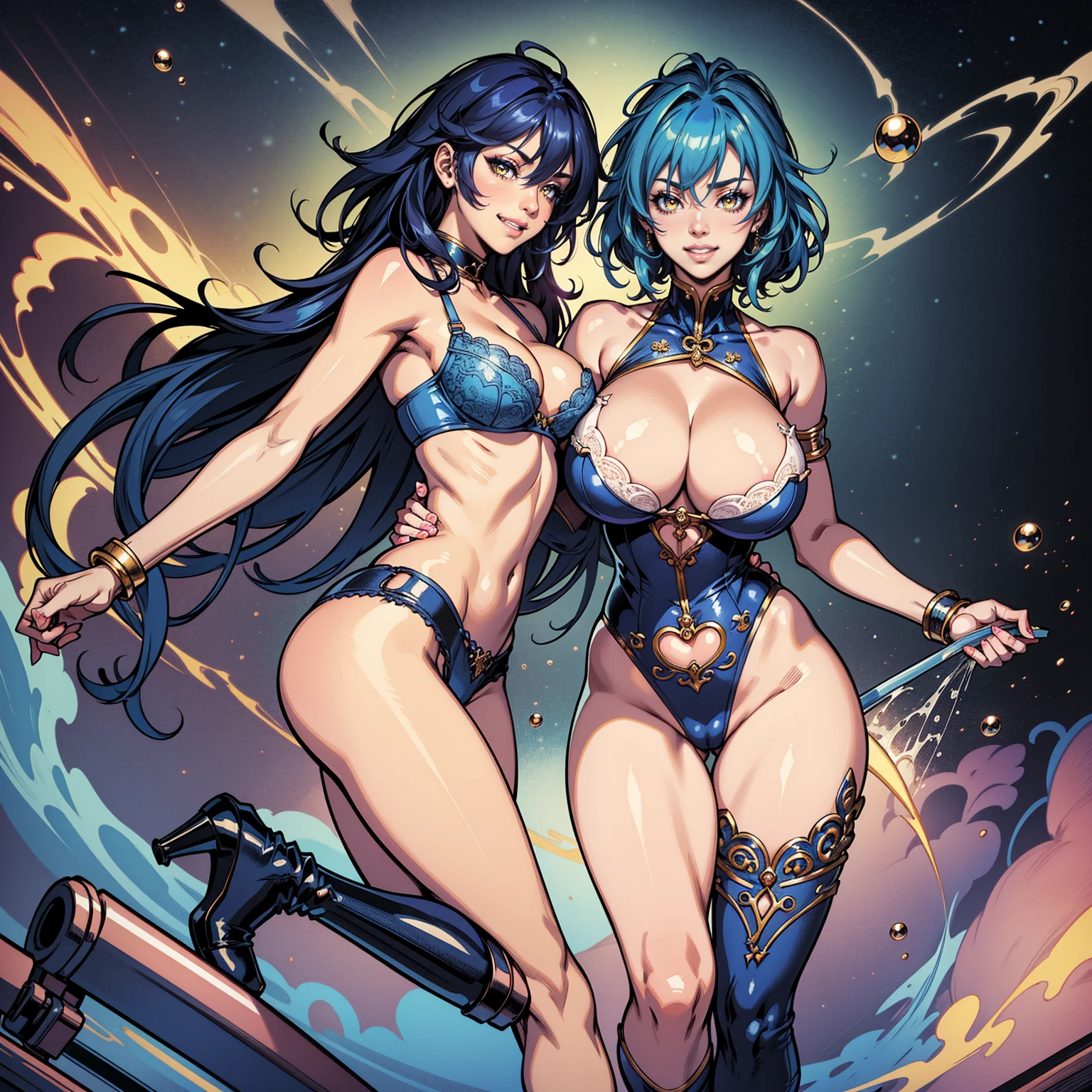 Masterpiece, Ultra extremely detailed, Insanely Definition - quality, 8k, (vibrant colors,vibrant theme), (intricate), full body , NSFW, Hair , Highschool dxd, Xenovia, 1girl, (((bimbo))), short blue hair, yellow eyes, puffy lips, painted lips, thick lips, wide hips, thick thighs, huge ass, revealing cleavage, erotic, Smile face, bubble butt, camel toe, Breasts, blue jeans, bra,
