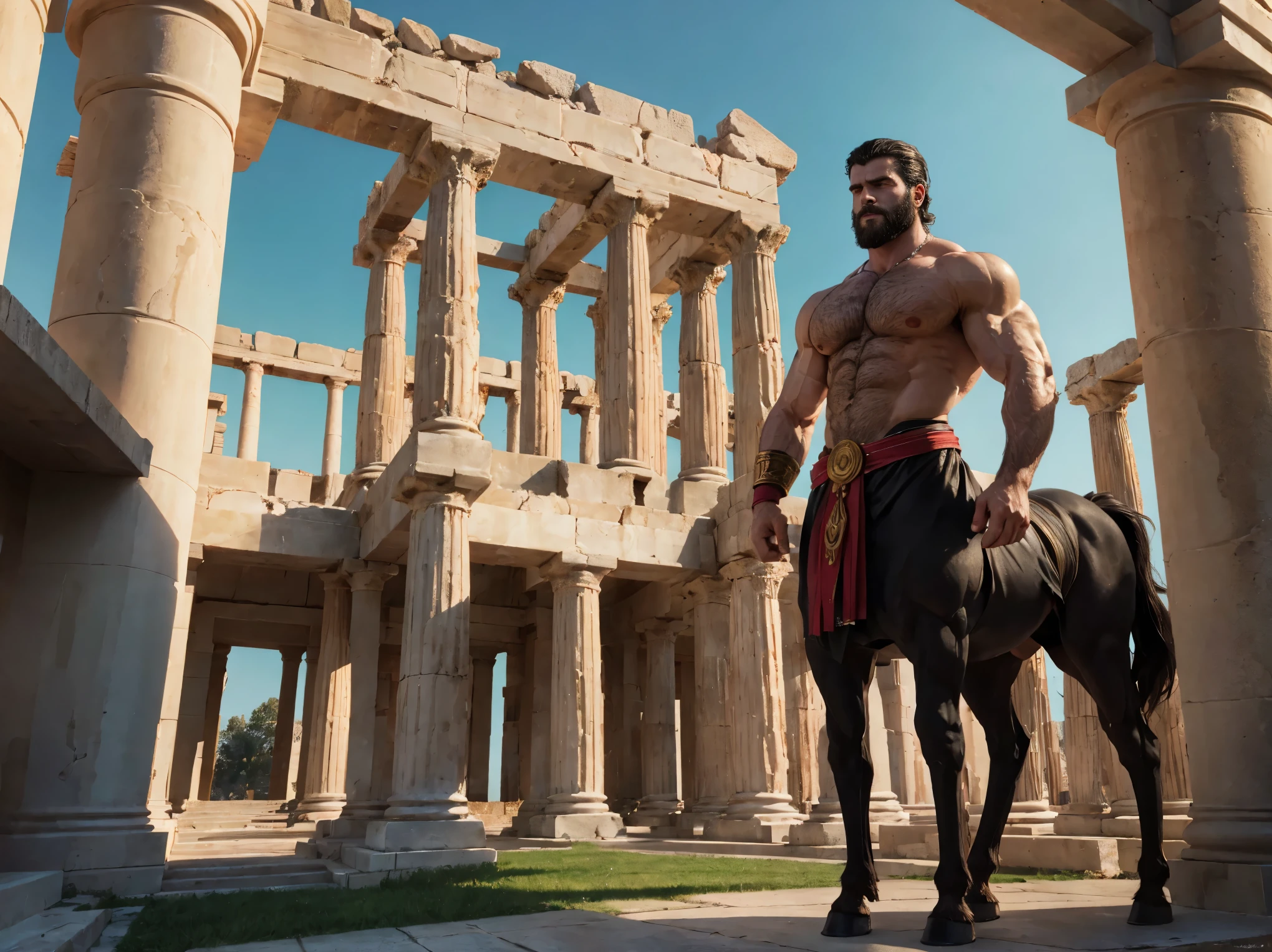 Very detailed, full color, full body photograph of a centaur...:1.2, standing, high, gold eyes, long black hair, grayish bushy beard, gauntlets, showing chest, hairy chest, raising a victorious arm, detailed muscular physique, Realistic representation, 4k resolution. below: greek temple in ruins, At dusk, 32k UHD, Best Quality, masterpiece.