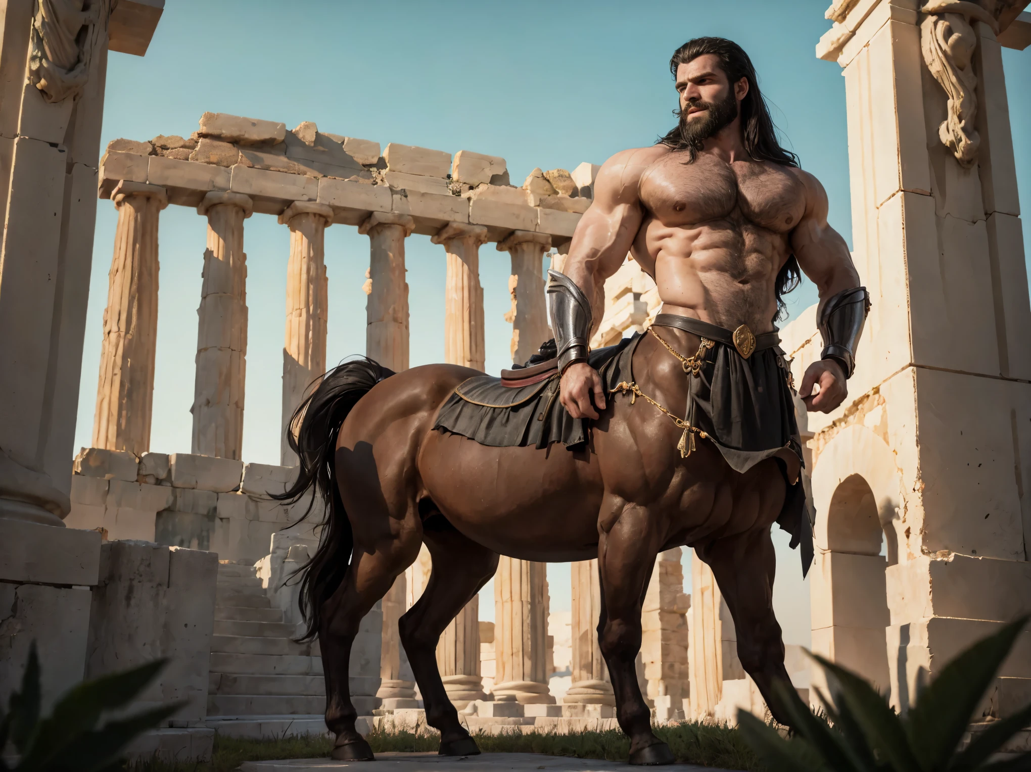 Very detailed, full color, full body photograph of a centaur...:1.2, standing, high, gold eyes, long black hair, grayish bushy beard, gauntlets, showing chest, hairy chest, raising a victorious arm, detailed muscular physique, Realistic representation, 4k resolution. below: greek temple in ruins, At dusk,  32k UHD, Best Quality, masterpiece.