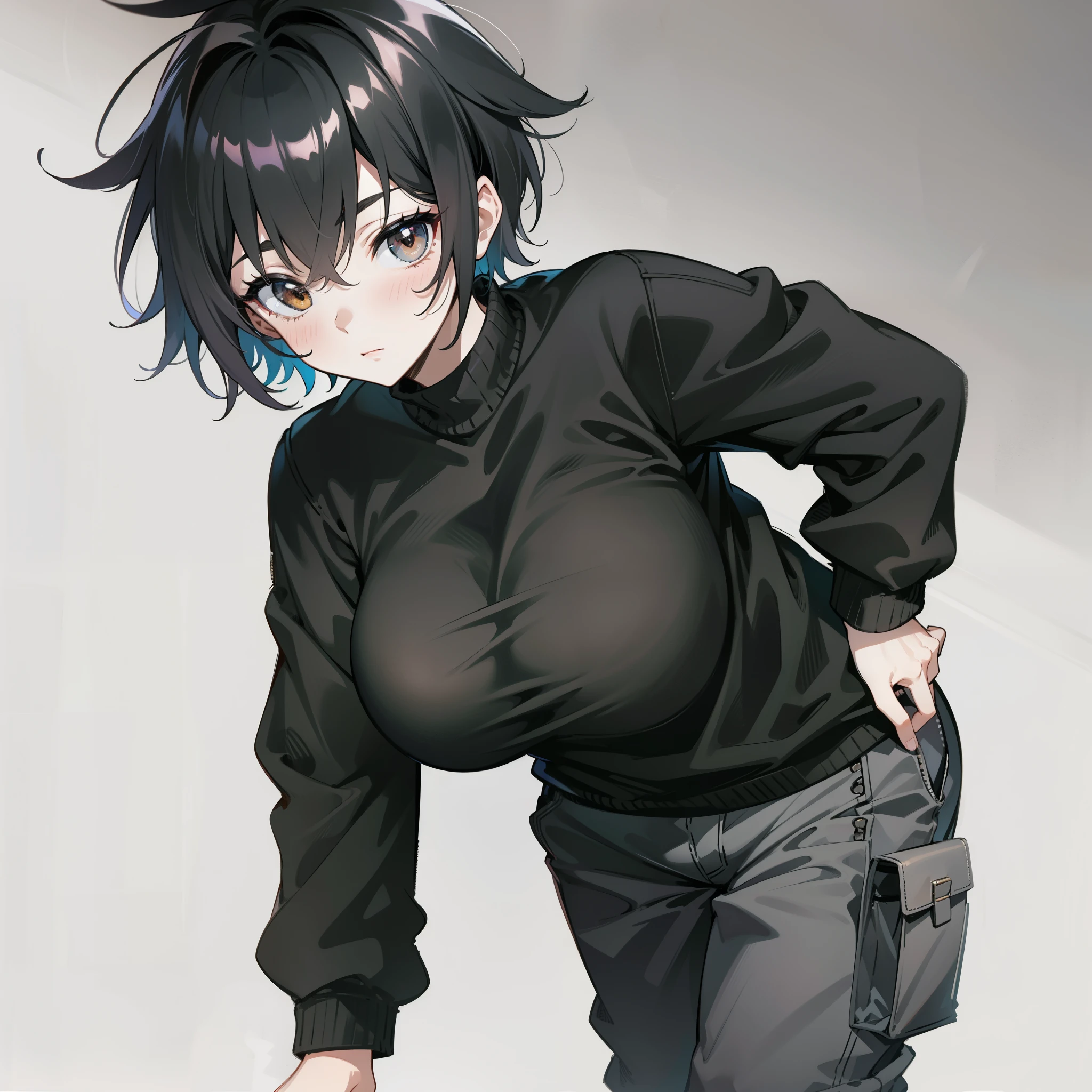 rating:safe, 1girl, breasts, large_breasts, short_hair, solo, blush, looking_at_viewer, pants, long_sleeves, gradient_background, black_hair, eyebrows_visible_through_hair, bangs, black_shirt, closed_mouth, brown_eyes, gradient, grey_background, hair_between_eyes, shirt, black_sweater, standing, turtleneck