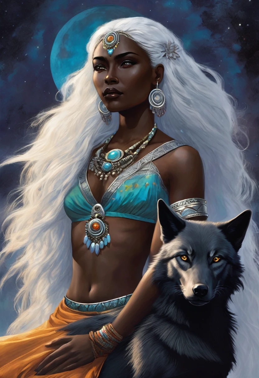 A dark-skinned moon goddess with silver hair and indigenous-like features and a large black wolf in her embrace