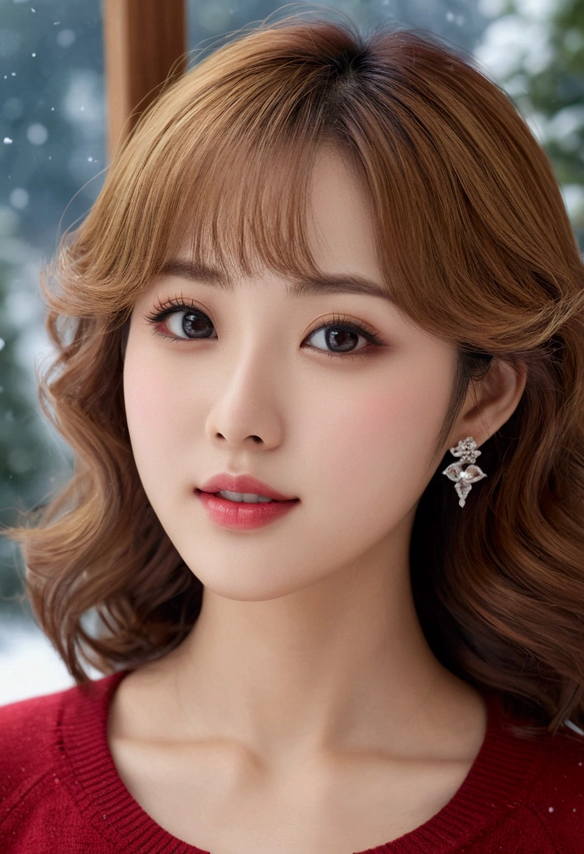 (8K, RAW photo, highest quality, masterpiece:1.2), (realistic, Photoreal:1.37), super detailed, High resolution,, beautiful and detailed face, (slim waist) :1.3), , Beautiful and smooth skin, skin texture, floating hair, professional lighting, human body as a whole, Photographed inside a villa on a snowy mountain、(((32k))),(((high detail))),(((Background inside the villa in the snowy mountains)))、(((realistic)))、(((Berry shorts and beautiful bare legs)))、(((beautiful)))、(((blonde curly hair:1.4)))、(((red sweater)))、(((small details))) 、(((big breasts)))、attention to detail,realistic atmosphere,beautiful dark eyes,detailed mouth,glossy lips, thin eyebrows,fine eyes、Soft white skin that shines in every detail、 deep colored eyes,very beautiful eyes,lip details、 very beautiful face,very well-shaped face、 lifelike face,glossy beautiful lips, realistic, Young gravure Idol, very beautiful , ,moderately beautiful,Young sensual gravure Idol,Young gravure Idol, beautiful, Cute and sexy ,face is flushed,17Year,brown shiny hair,,beautiful.high detailハイビジョン,well-shaped chest, mature body, ,Moist eyes、Transparency、beautiful skin、Idol、my makeup、front、 smile、 big breasts、detailed drawing of hair、Eyelash details,