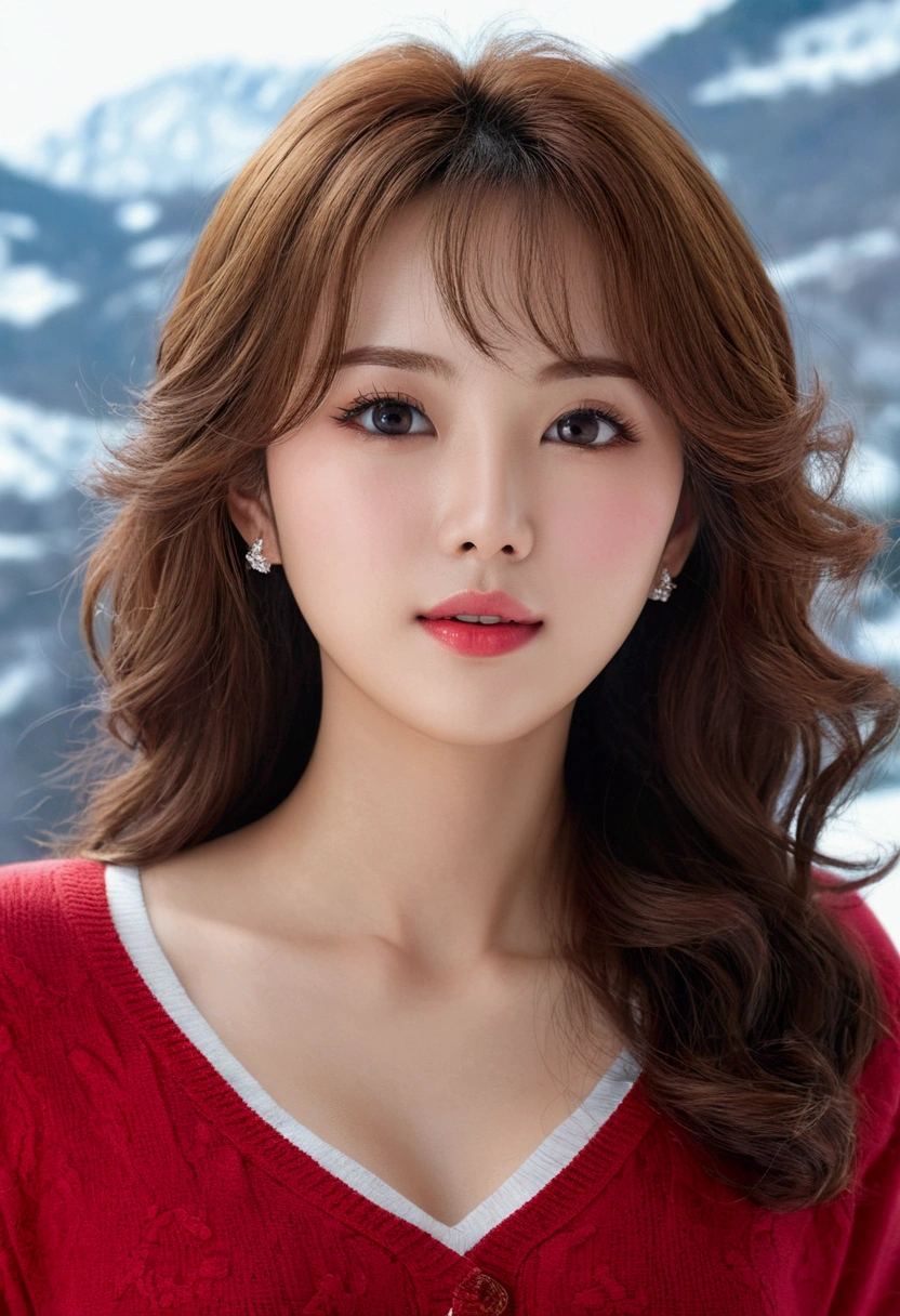 (8K, RAW photo, highest quality, masterpiece:1.2), (realistic, Photoreal:1.37), super detailed, High resolution,, beautiful and detailed face, (slim waist) :1.3), , Beautiful and smooth skin, skin texture, floating hair, professional lighting, human body as a whole, Photographed inside a villa on a snowy mountain、(((32ｋ))),(((high detail))),（((Background inside the villa in the snowy mountains)))、(((realistic)))、(((Berry shorts and beautiful bare legs)))、(((beautiful)))、(((blonde curly hair：１．４)))、(((red sweater)))、(((small details))) 、(((big breasts)))、attention to detail,realistic atmosphere,beautiful dark eyes,detailed mouth,glossy lips, thin eyebrows,fine eyes、Soft white skin that shines in every detail、 deep colored eyes,very beautiful eyes,lip details、 very beautiful face,very well-shaped face、 lifelike face,glossy beautiful lips, realistic, Young gravure Idol, very beautiful , ,moderately beautiful,Young sensual gravure Idol,Young gravure Idol, beautiful, Cute and sexy ,face is flushed,１７Year,brown shiny hair,,beautiful.high detailハイビジョン,well-shaped chest, mature body, ,Moist eyes、Transparency、beautiful skin、Idol、my makeup、front、 smile、 big breasts、detailed drawing of hair、Eyelash details,