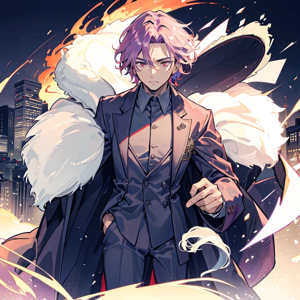 A close up of a handsome man, he has red purple eyes and hair, he wears elegant clothing, he looks at the camera as if he owns the world, the background is on fire,old man,60 years old,standing,city background,