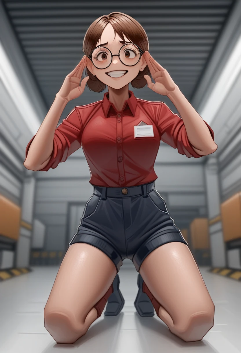 Cartoon character of a brunette woman wearing short safety glasses and a red polo shirt that has sublimated lettering "harris", straight hair, Factory worker character, stylized character, animation style rendering, 3D stylized, harris renderizada, Render 3D stylized, Toon render keyshot, 3D character, 3D character, Stylized 3D rendering, 3d character rendering, cartoon character, Full body character, Character pose, (Disney style) (master part:1.2) (bokeh) (Best Quality) (detailed skin) (Detailed texture) (8k) (clay) (cinematic lighting) (sharp focus)