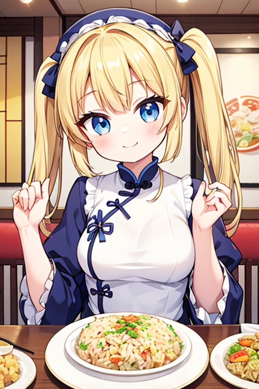 A happy smile,Large serving of fried rice,fried rice,Chinese restaurant,Highest quality,Blonde with blue eyes、****ta、Small breasts、Twin tails、girl&#39;enjoy,smile,bonnet,chopsticks,Japanese hashi,