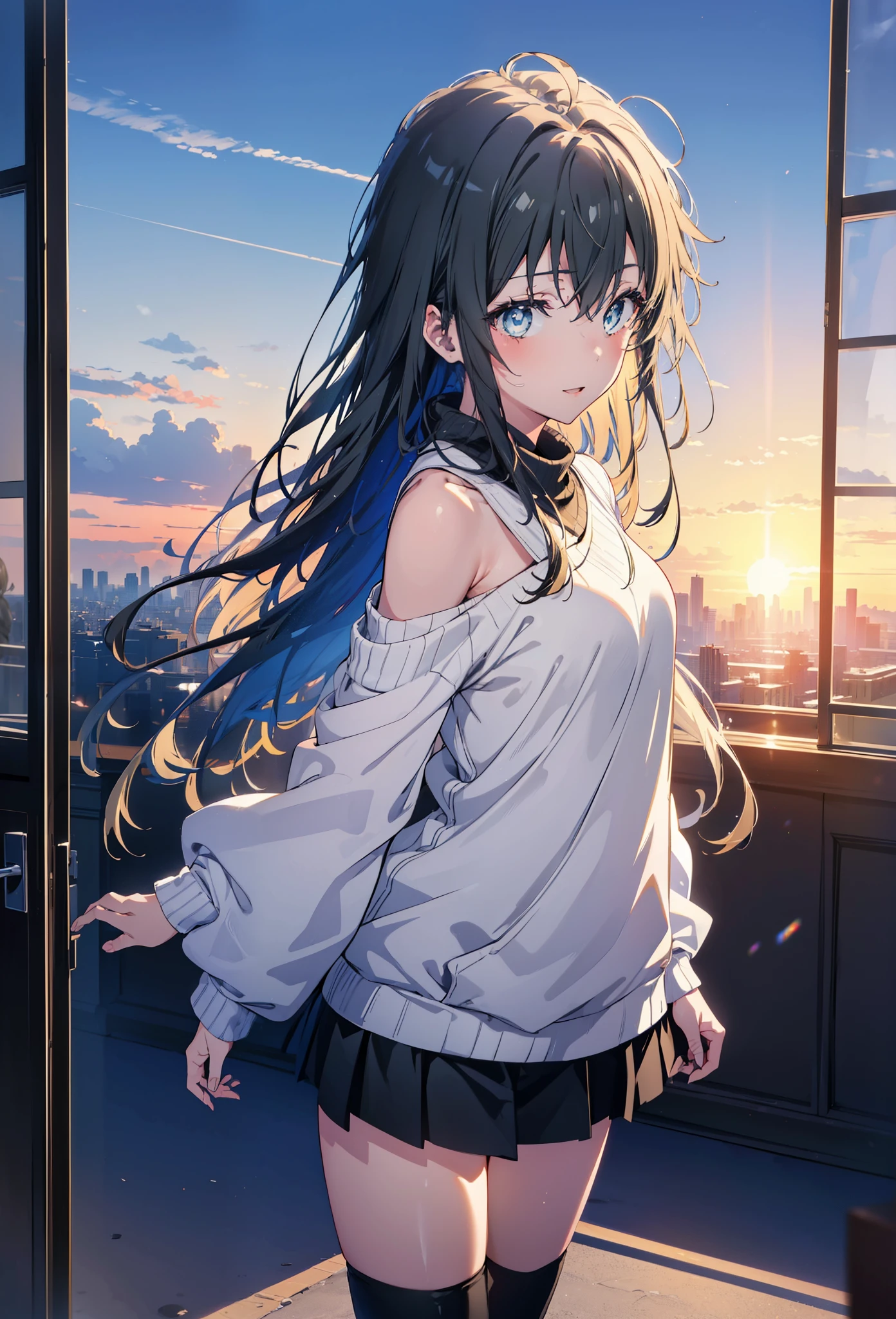 Yukino, yukino yukinoshita, Black Hair, blue eyes,smile, Long Hair, Ahoge,One-shoulder sweater,mini skirt,Black tights,short boots,whole bodyがイラストに入るように,morning,morning陽,The sun is rising,Walking,
break looking at viewer,whole body,
break outdoors, Building district,
break (masterpiece:1.2), Highest quality, High resolution, unity 8k wallpaper, (shape:0.8), (Beautiful and beautiful eyes:1.6), Highly detailed face, Perfect lighting, Highly detailed CG, (Perfect hands, Perfect Anatomy),