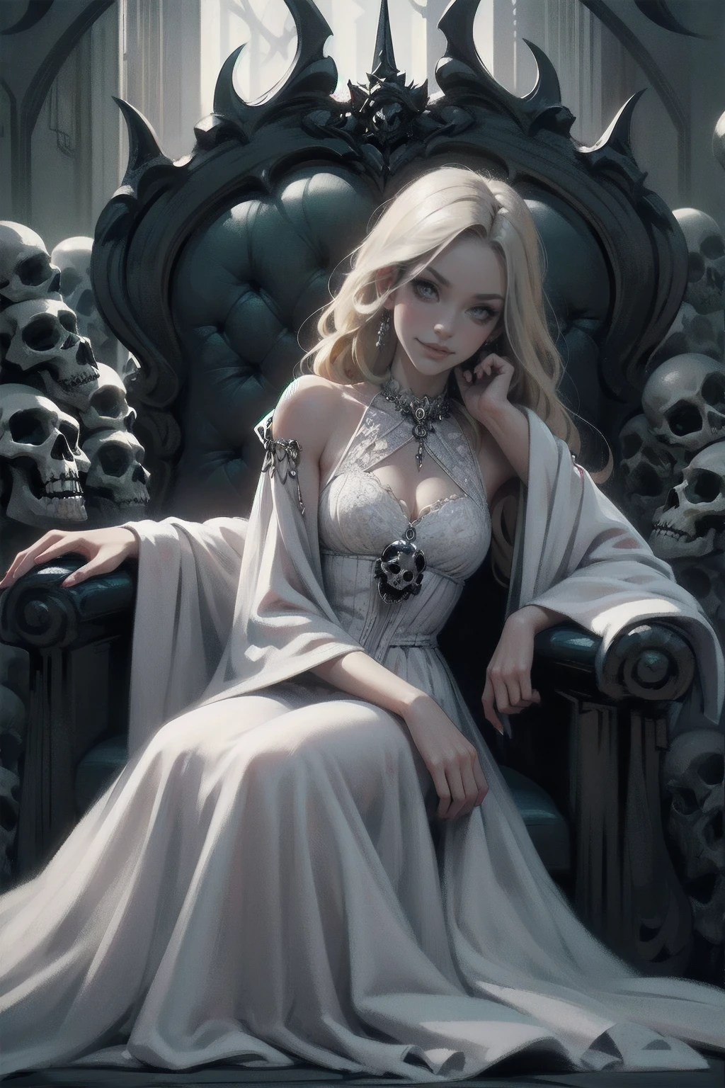 (Absurd, high quality, ultra -compared, careful with the hand) woman 30 years old, victorian era,victorian clothes, (white dress), dark castle, a woman (witchcraft), very long blond hair (blond hair), (gray eyes) . Indifferent look , merciless. among the skulls, dinamic poses, egoist smile, sitting on the ground