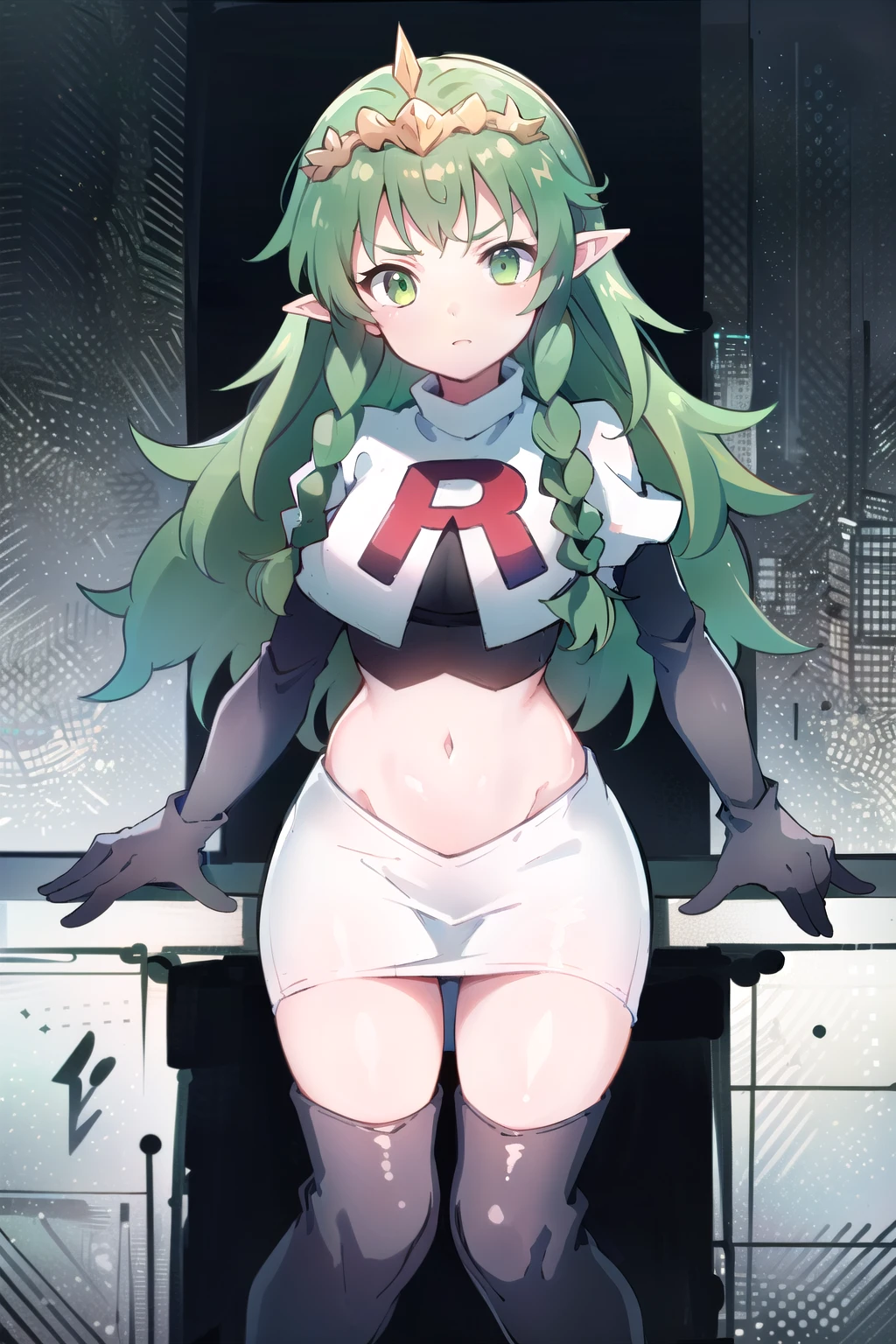 ((ultra detailed, masterpiece, best quality))
FESothis, 1girl, solo, green hair, long hair, green eyes, twin braids, tiara, pointy ears, team rocket,team rocket uniform,white skirt,red letter R,crop top,black thigh-highs,black elbow gloves