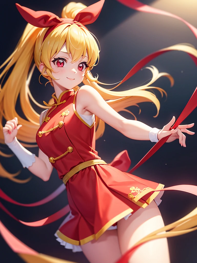 (RED Ribbon on HAIRband:1.2),an anime character wearing white shorts and white hair standing next to a painting, 1girl, double bun, solo, hair bun, chinese clothes, long hair, smile, Blonde hair, RED eyes, shampoo (ranma 1/2)Style, looking at viewer, dress,Shampoo Ranma,Ichigo Hoshimiya (Aikatsu!),china dress