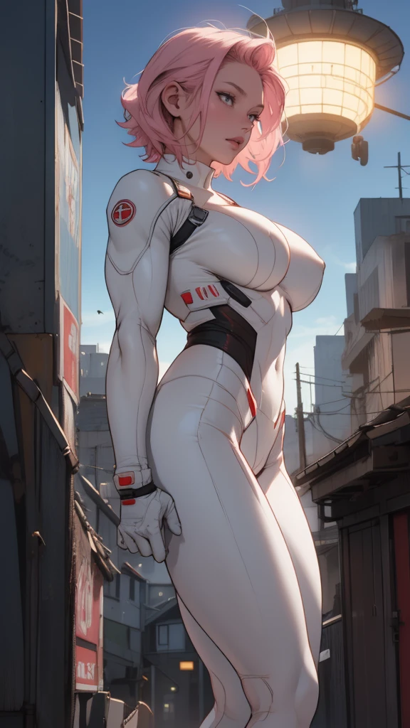 Scarlett Johannson em Fantasma na Concha, short pink hair, tight white bodysuit with big breasts, fake breats, huge breats , Skyline of a city devastated by the war against flying saucers at night
