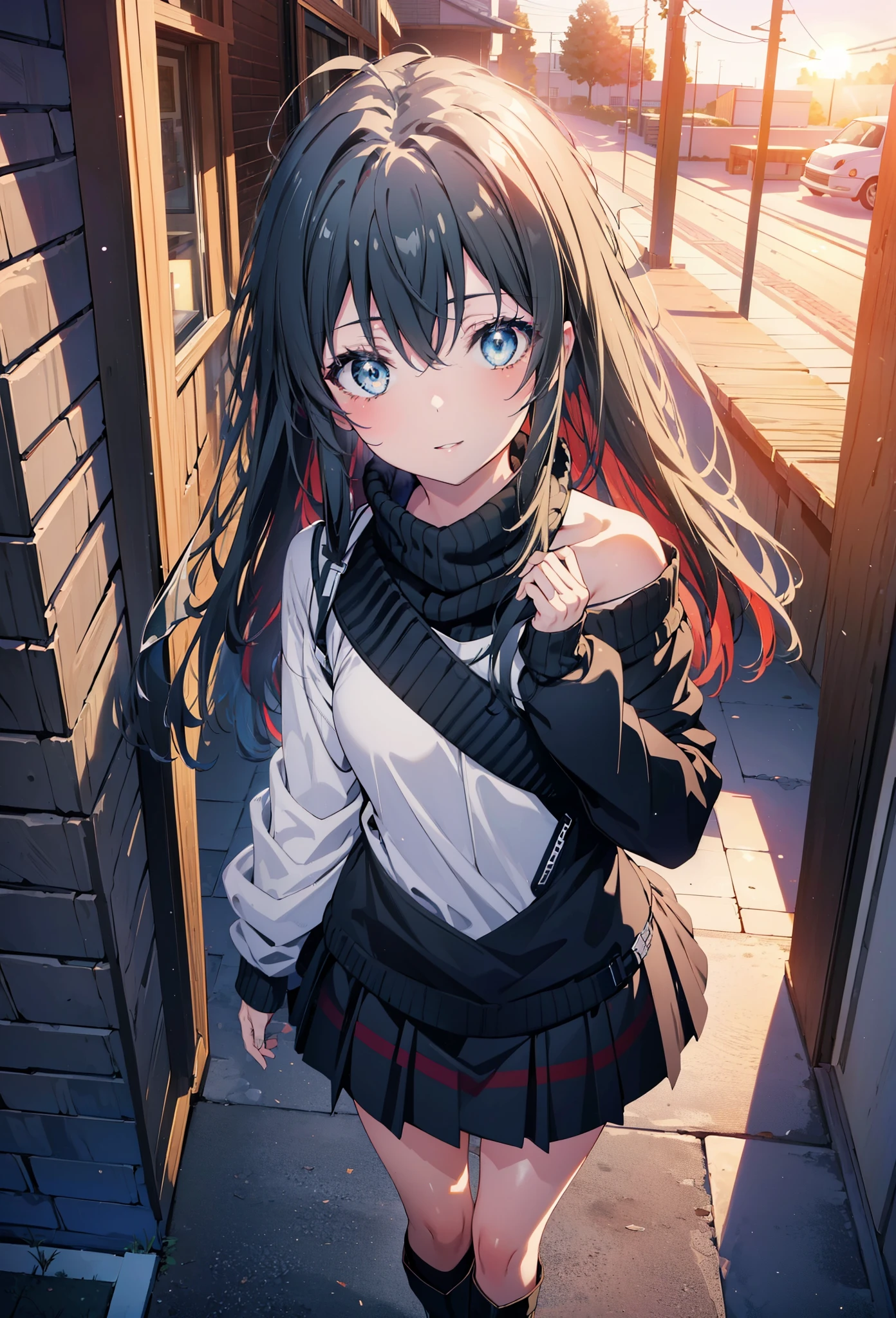 Yukino, yukino yukinoshita, Black Hair, blue eyes,smile, Long Hair, Ahoge,One-shoulder sweater,mini skirt,Black tights,short boots,whole bodyがイラストに入るように,morning,morning陽,The sun is rising,Walking,
break looking at viewer,whole body,
break outdoors, Building district,
break (masterpiece:1.2), Highest quality, High resolution, unity 8k wallpaper, (shape:0.8), (Beautiful and beautiful eyes:1.6), Highly detailed face, Perfect lighting, Highly detailed CG, (Perfect hands, Perfect ???????),