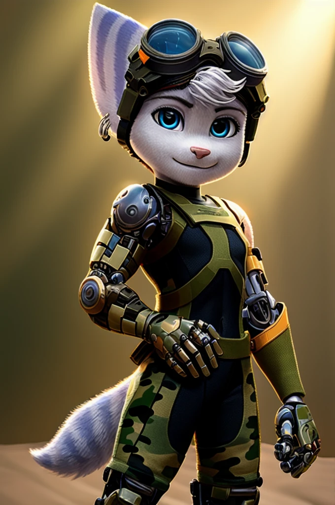 Rivet, lombax, female, small, (petite), (tail), furry, 1girl, young, solo, (yellow cybernetic protease on the right shoulder), ((Military camouflage soldier gear and outfit)), detailed body fur, detailed body, detailed eyes, detailed face, athletic, skinny, high quality, masterpiece, small breasts, goggles, :D, looking at you, full body, ((good lighting on crotch)), (aroused), (horny), (bedroom eyes),