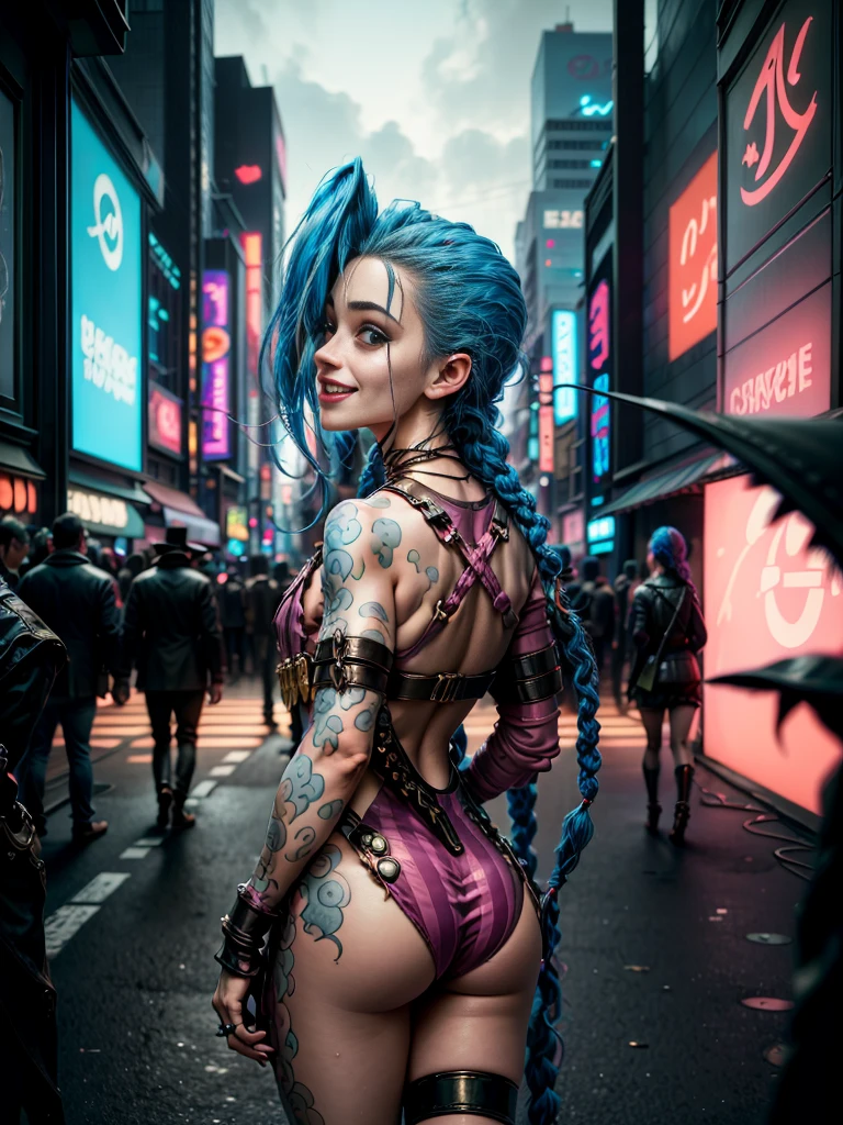 ((Jinx wears a Harajuku Tech costume), Cowboy-shot, wind, tousled hair, cyberpunk cityscape, (Aesthetics and atmosphere:1.2),smiling, Laugh,Super wide shot, from the back