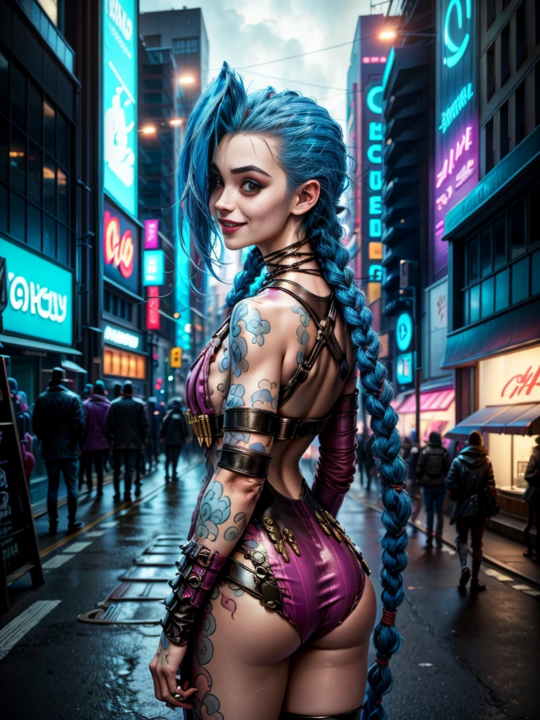 ((Jinx wears a Harajuku Tech costume), Cowboy-shot, wind, tousled hair, cyberpunk cityscape, (Aesthetics and atmosphere:1.2),smiling, Laugh,Super wide shot, from the back