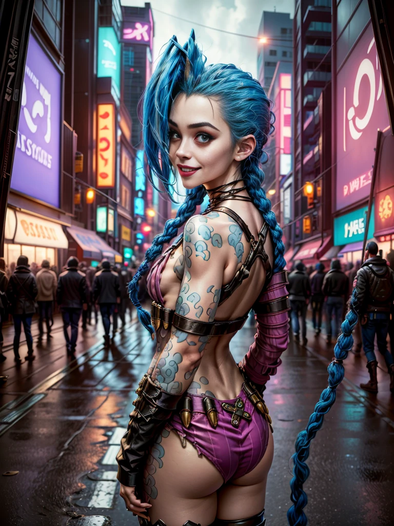 ((Jinx wears a Harajuku Tech costume), Cowboy-shot, wind, tousled hair, cyberpunk cityscape, (Aesthetics and atmosphere:1.2),smiling, Laugh,Super wide shot, from the back