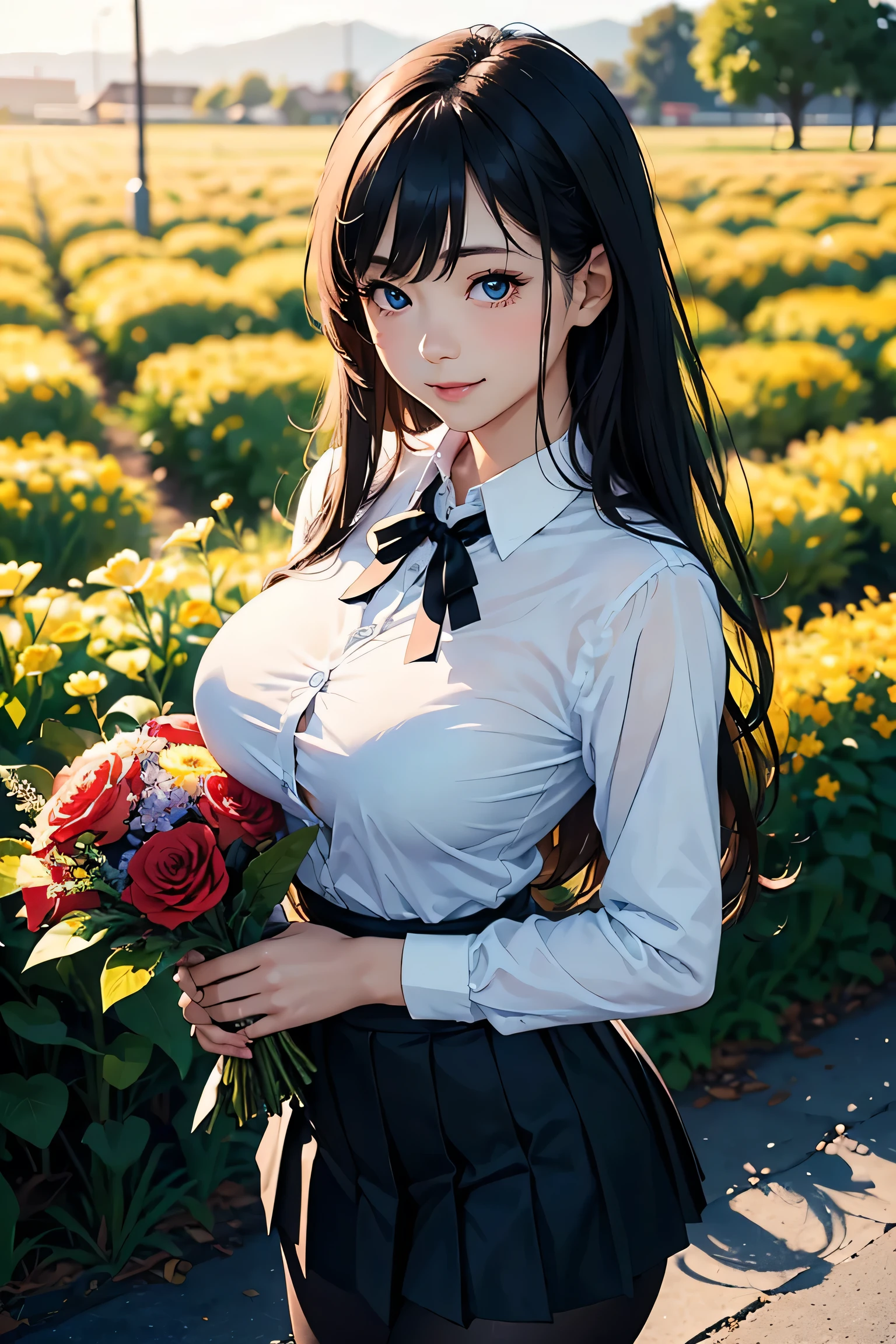 (masterpiece:1.2, Highest quality), (Realistic photos), Beautiful illustrations, (Natural side lighting, Cinema lighting),(1 girl), Japanese, 20-year-old female, Perfect Face, Symmetrical cute face, Glowing Skin,Black straight long hair、Dark blue eyes, (Huge breasts:1.2), Slender build、Beautiful Hair, Beautiful Face, Fine and beautiful eyes, Beautiful body, Beautiful breasts,(White collared shirt、Small black ribbon、Pleated skirt、Black tights),Flower Field、smile、Blushing、Holding a bouquet