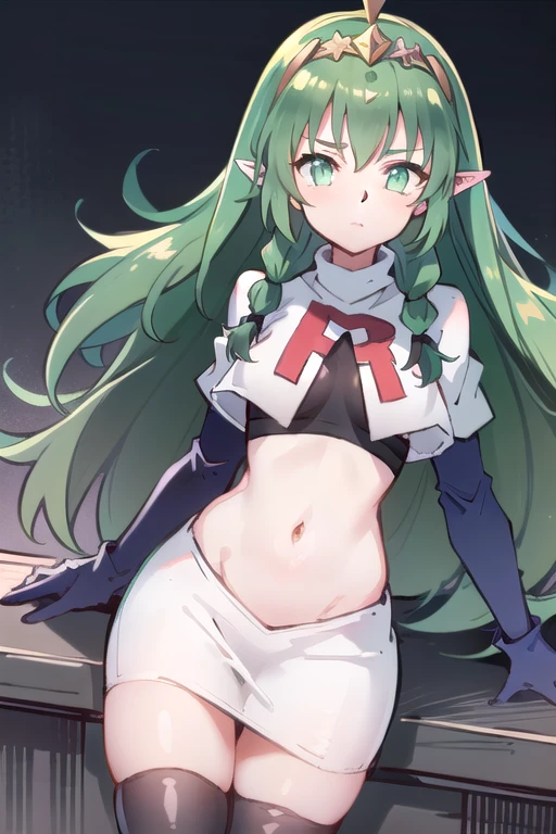 ((ultra detailed, masterpiece, best quality))
FESothis, 1girl, solo, green hair, long hair, green eyes, twin braids, tiara, pointy ears, team rocket,team rocket uniform,white skirt,red letter R,crop top,black thigh-highs,black elbow gloves