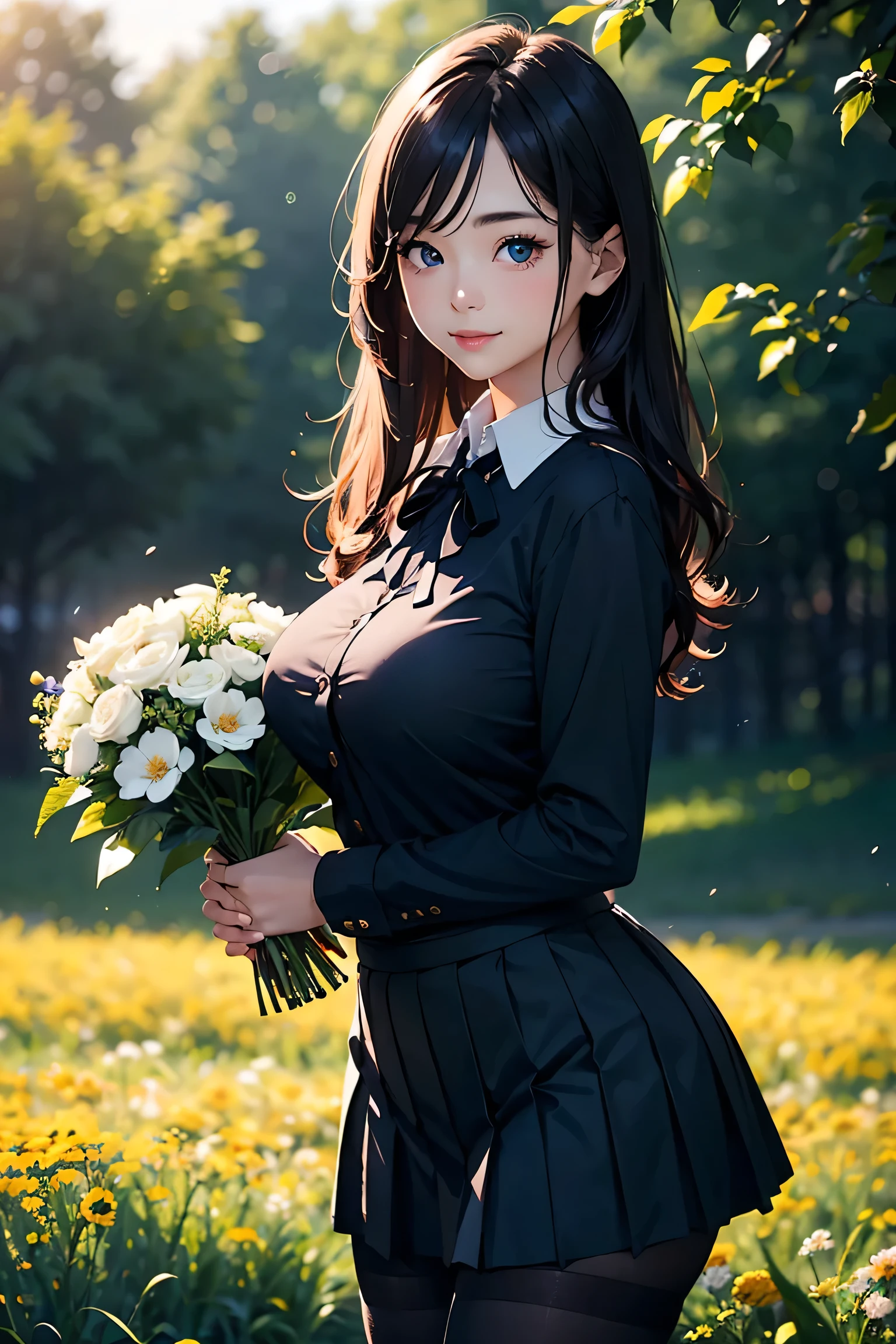 (masterpiece:1.2, Highest quality), (Realistic photos), Beautiful illustrations, (Natural side lighting, Cinema lighting),(1 girl), Japanese, 20-year-old female, Perfect Face, Symmetrical cute face, Glowing Skin,Black straight long hair、Dark blue eyes, (Huge breasts:1.2), Slender build、Beautiful Hair, Beautiful Face, Fine and beautiful eyes, Beautiful body, Beautiful breasts,(White collared shirt、Small black ribbon、Pleated skirt、Black tights),Flower Field、smile、Blushing、Holding a bouquet