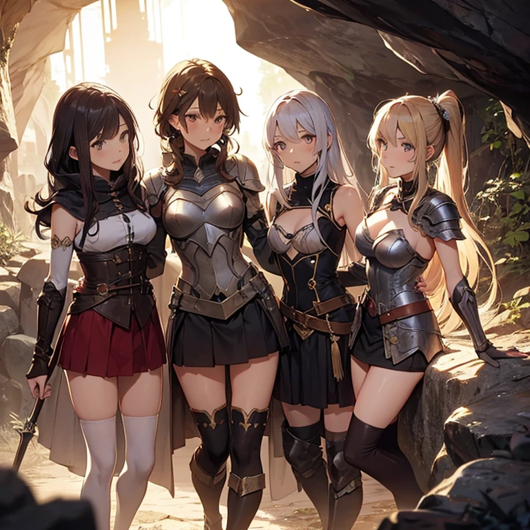 A group of female medieval fantasy adventurers, (in cave), various hair styles, harem, dark, details face, short skirt, seducing, sleeveless, armor