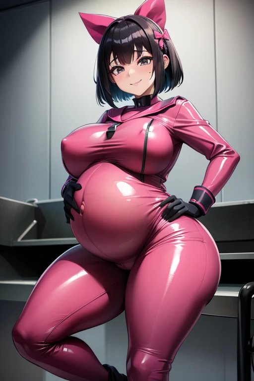 software, (Beautiful pink latex pants, Latex jumpsuit with top,Black long boots,Black long gloves,Sailor suit), (Big Breasts, Beautiful breasts, Large Breasts), Firm breasts, Narrow waist, Curvaceous figure,Thick legs,Pregnant belly ,Ahegao, Roll your eyes,saliva, smile,Drooling, Sweat, trembling, Shortness of breath,Highest quality, One girl, Black Hair, Bow-legged,Bob Hair, smile
