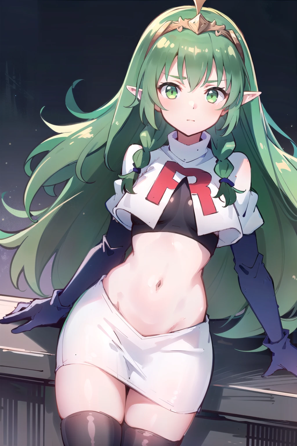 ((ultra detailed, masterpiece, best quality))
FESothis, 1girl, solo, green hair, long hair, green eyes, twin braids, tiara, pointy ears, team rocket,team rocket uniform,white skirt,red letter R,crop top,black thigh-highs,black elbow gloves