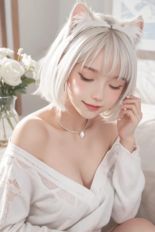 White cat ears,white short hair,Blue eyes,Small breasts,japanese,{20yo},{{masterpiece}},{best quality},super fine illustration,{super detailed},little smile,(lora:0.35),perfect face,sharp eyes,closed eyes,BREAK in my room,detailed background,beautiful background