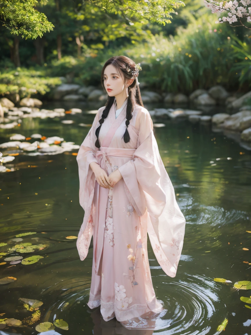 A beautiful Chinese girl with a calm and graceful presence, Elegantly dressed in traditional Hanfu. Hanfu is soft, The pale pink design features delicate embroidery of cherry blossoms and birds., Symbolizing beauty and harmony. Her long hair is styled in intricate braids, Decorated with small flowers. She stands beside a tranquil koi pond in a traditional garden, The sound of gentle flowing water and the soft light of the setting sun、Creates a peaceful and harmonious atmosphere。