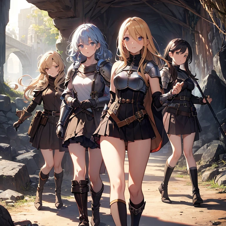 A group of  female medieval fantasy adventurers, (in cave), various hair styles, harem, dark, details face, short skirt, seducing, sleeveless, armor 