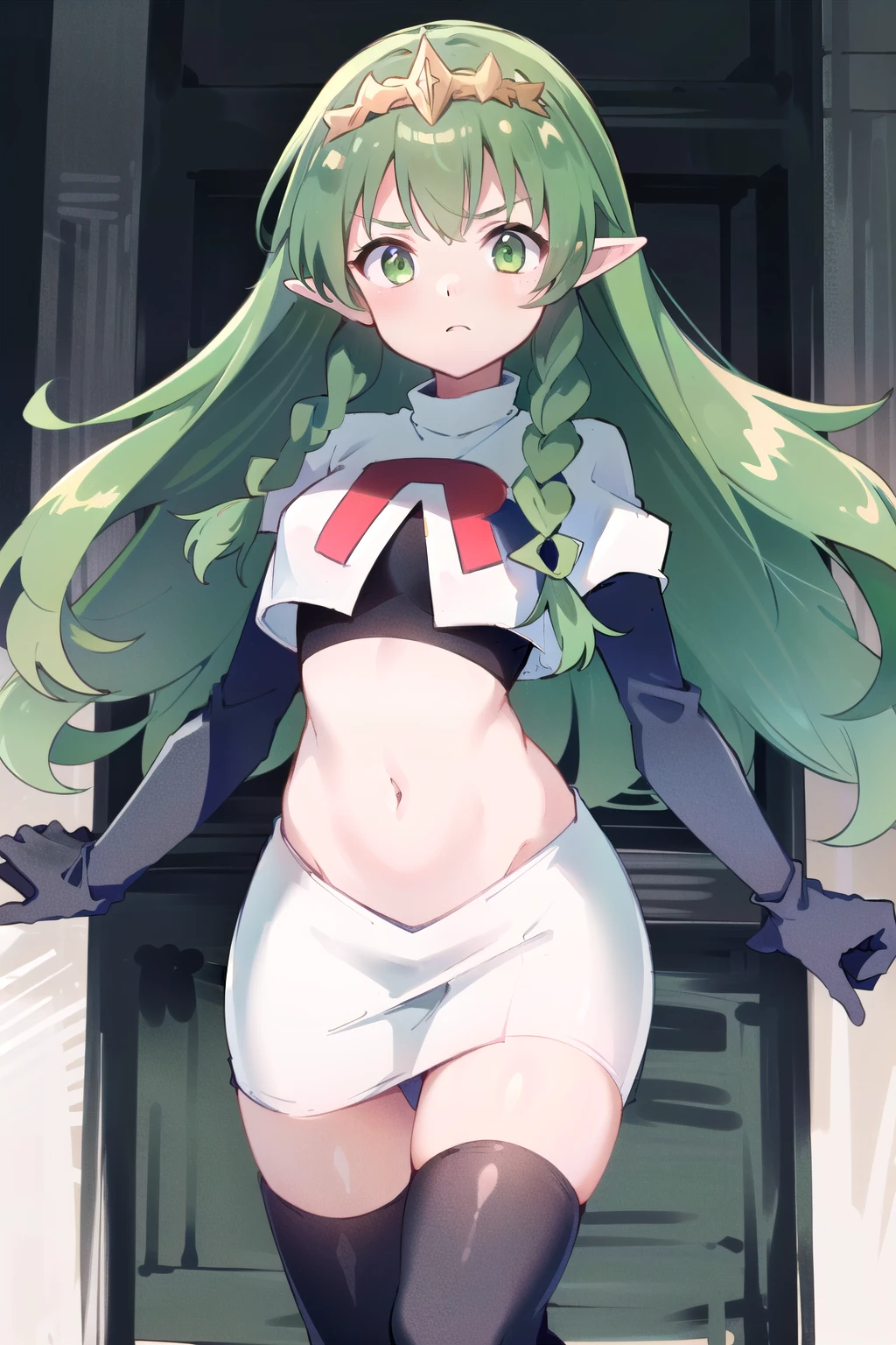 ((ultra detailed, masterpiece, best quality))
FESothis, 1girl, solo, green hair, long hair, green eyes, twin braids, tiara, pointy ears, team rocket,team rocket uniform,white skirt,red letter R,crop top,black thigh-highs,black elbow gloves