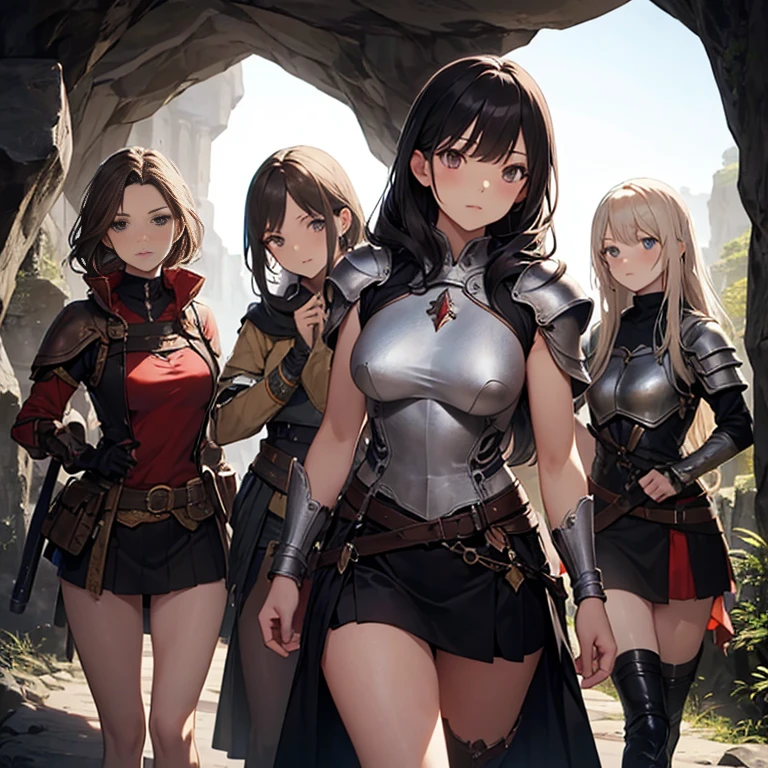 A group of  female medieval fantasy adventurers, (in cave), various hair styles, harem, dark, details face, short skirt, seducing, sleeveless, armor 