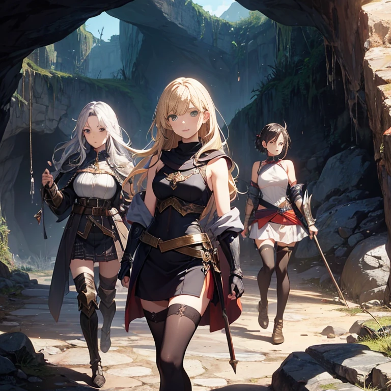 A group of  female medieval fantasy adventurers, (in cave), various hair styles, harem, dark, details face, short skirt, seducing, sleeveless, armor 