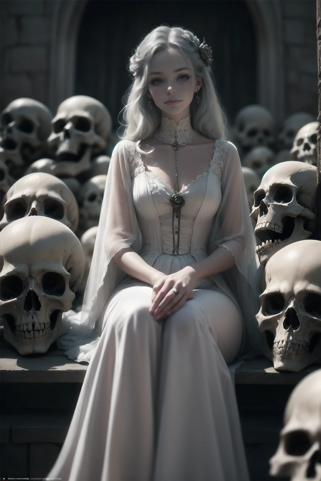 (Absurd, high quality, ultra -compared, careful with the hand) woman 30 years old, victorian era,victorian clothes, (white dress), dark castle, a woman (witchcraft), very long blond hair (blond hair), (gray eyes) . Indifferent look , merciless. among the skulls, dinamic poses, egoist smile, sitting on the ground