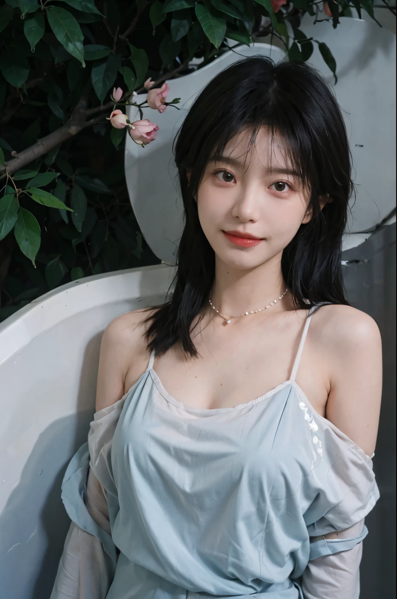 best qualtiy, Ultra-high resolution, (realisticlying:1.4),cute hairpin,Baoyu Girl,European style apartment,(flatchest:1.2) ,A pair of clear and moving peach blossom eyes,Royal Sister,sunshine on face,Big waves,(ln the forest:1.4),(choker necklace:1.2),(Fair skin:1.4),a sense of atmosphere,a beauty girl, ssmile,head straight-looking at viewer, closeup cleavage ,(Photorealistic:1.4),1girll,sexly,(Upper body:1.4),(Wet body),(:1.2)