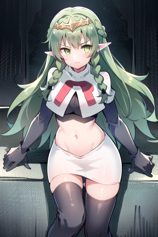 ((ultra detailed, masterpiece, best quality))
FESothis, 1girl, solo, green hair, long hair, green eyes, twin braids, tiara, pointy ears, team rocket,team rocket uniform,white skirt,red letter R,crop top,black thigh-highs,black elbow gloves