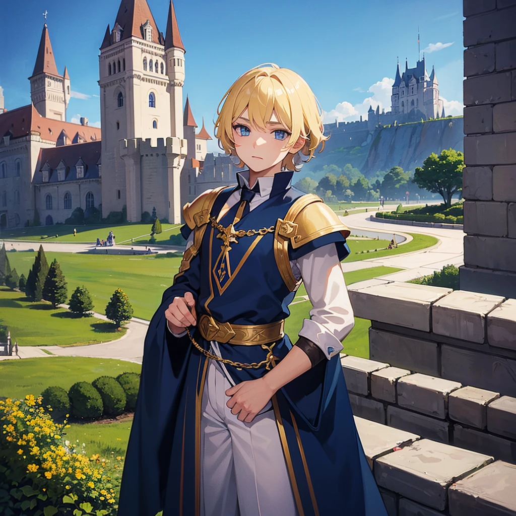 A boy , he is blonde wearing fantasy clothes , blue eyes , blonde eyelashes , a beautiful castle in the background!