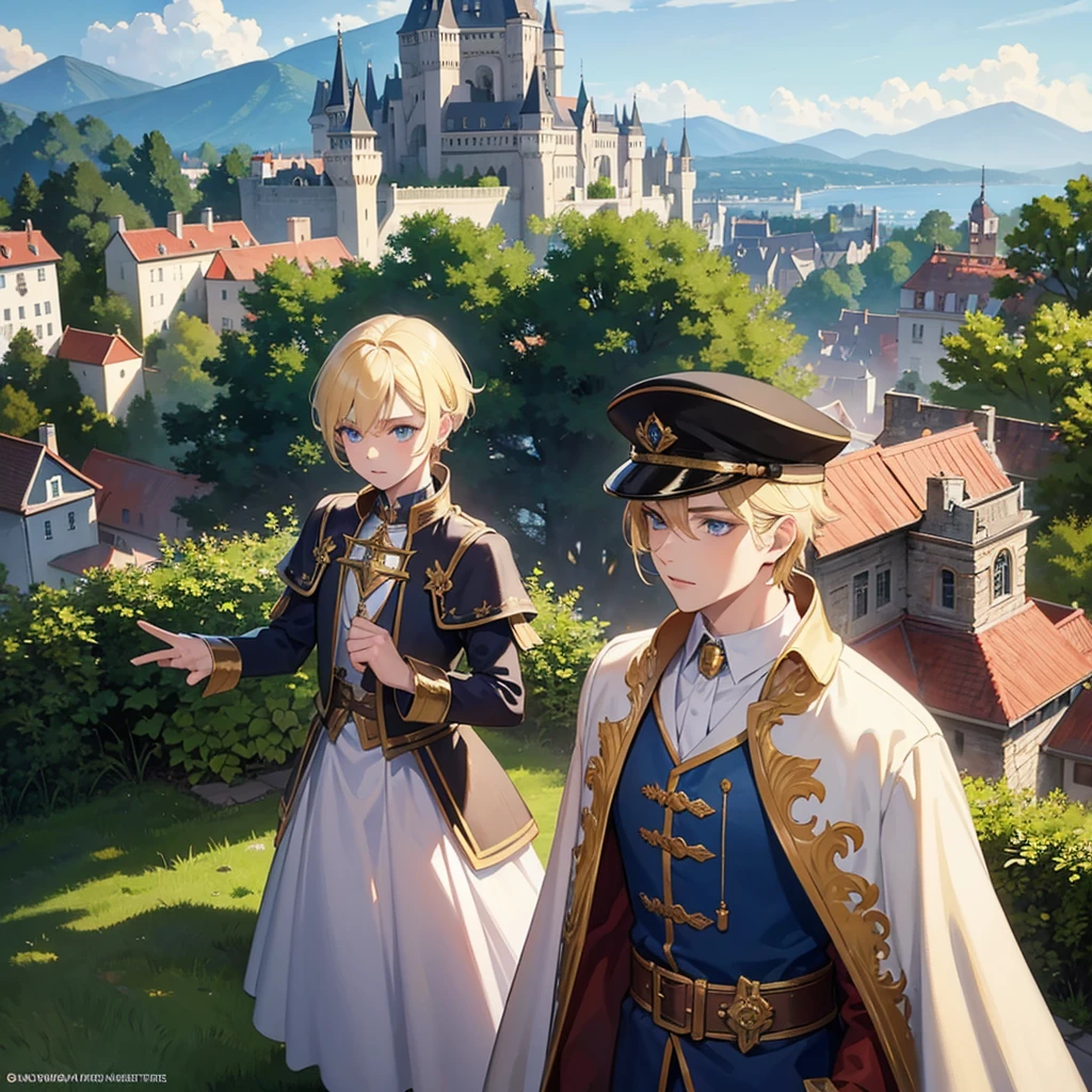 A 11 years old boy , he is blonde wearing fantasy clothes , blue eyes , blonde eyelashes , a beautiful castle in the background!