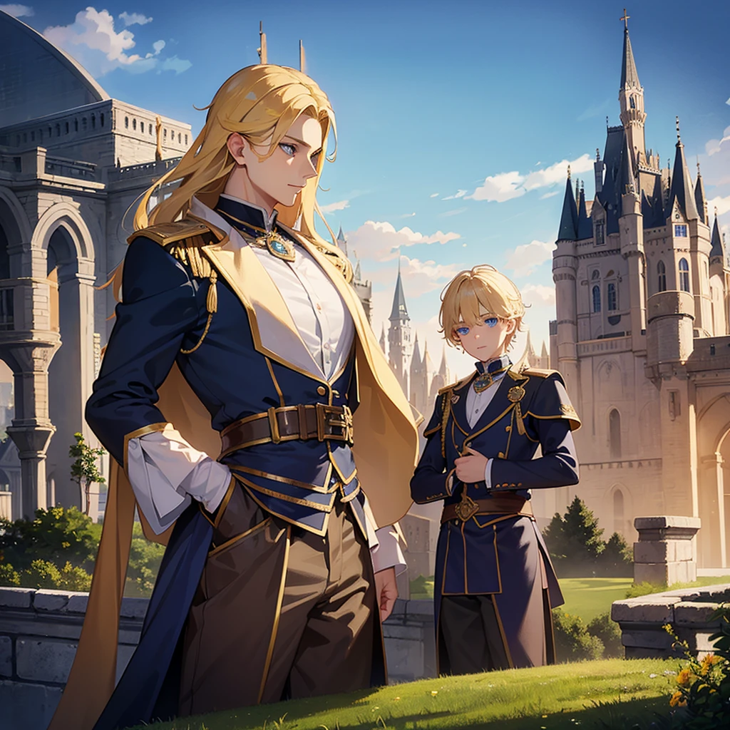 A boy , he is blonde wearing fantasy clothes , blue eyes , blonde eyelashes , a beautiful castle in the background!