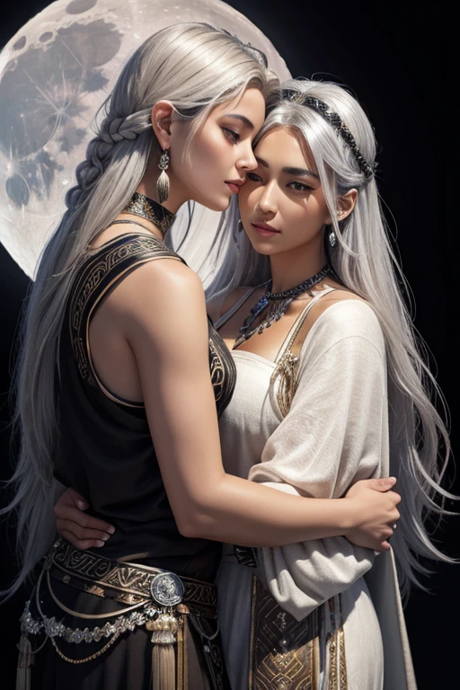 A moon goddess in Greek-style clothing, light brown skin with silver hair and indigenous-like features and a large black wolf in her embrace