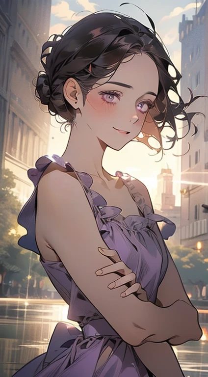 work of art, best qualityer, realisitic, mature woman, cute, 25 years old, cloused mouth, portraite, extreme detailed face, soft smiling, (dark purple eyes), ((with single black hair bun), ((hair with front bangs)), [tthin eyebrows], ((light purple dress)), no-makeup, drlight smile, ear flush, light blush, short eyelashes, 4K,open air